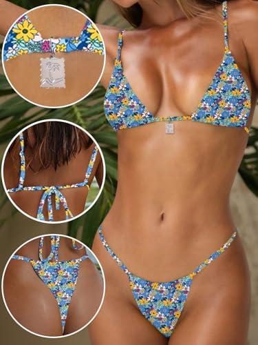 Image of OWICA Women's Sexy Triangle Bikini Sets Cheeky Thong Swimsuit Adjustable Spaghetti Straps Bathing Suit