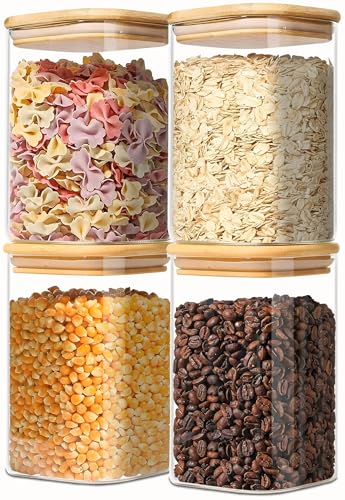 HVOPGEEUAN 1.2 Qt Square Glass Storage Containers with Lids - Airtight Canisters for Pantry Flour, Sugar, Tea, Coffee, and Spices (Square-4Pack)