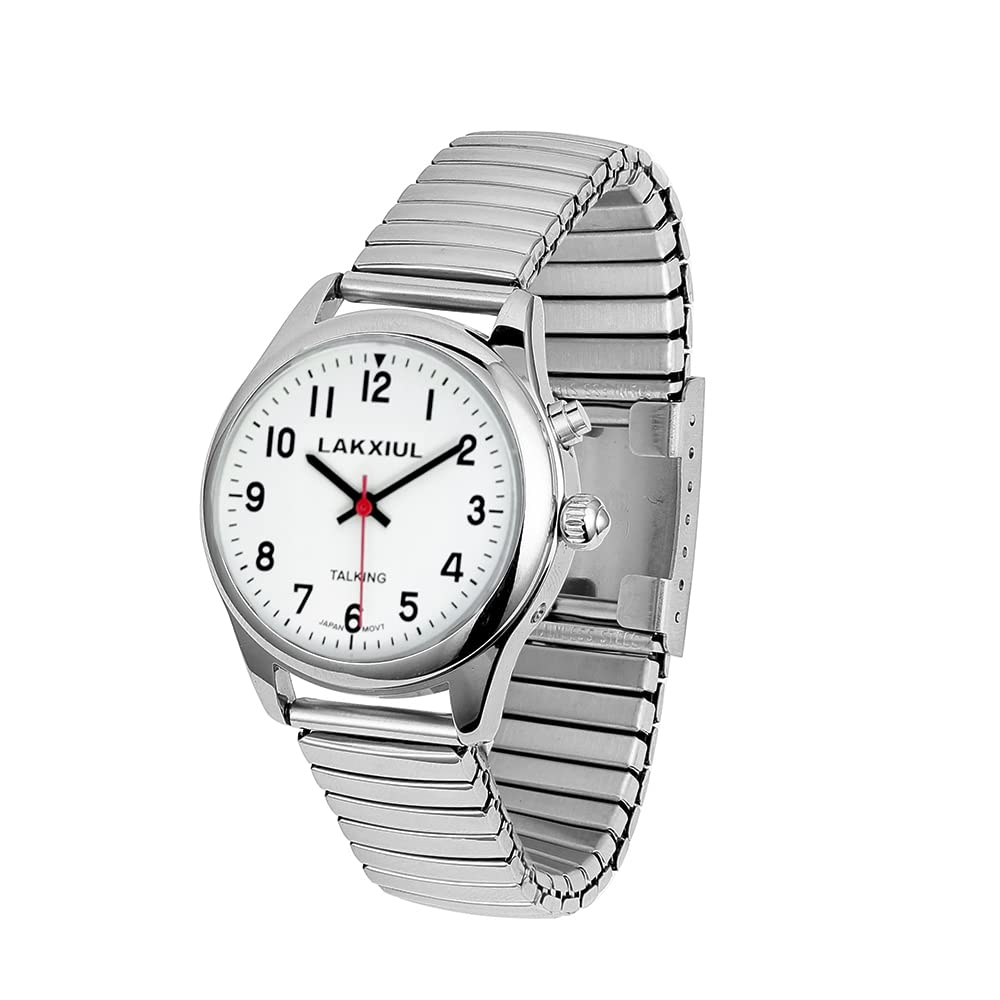 El reloj parlante inglés puede reproducir la hora, fecha, mes, puede configurar tres alarmas, caja plateada con correa de expansión de acero inoxidable de longitud ajustable plateada