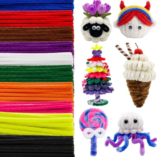 RoundFunny 100 Pcs 24 Multicolor Extra Long Pipe Cleaners Bulk Long Chenille Stem 6 mm Thick Pipe Cleaners Craft Supplies Fuzzy Sticks for Hair DIY Arts Crafts Project