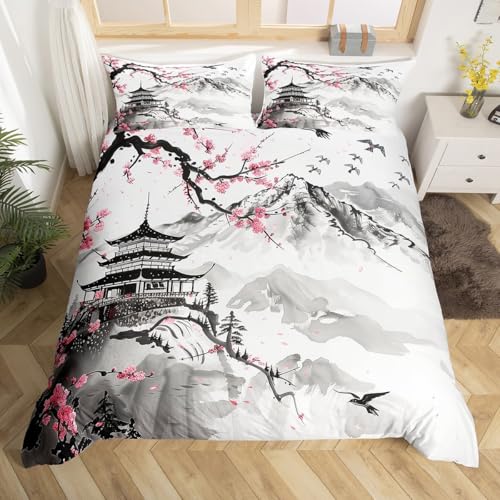 Homewish Bettbezug 240 x 260 cm, rosa Kirschblüte, Bettwäsche für Erwachsene, japanischer Stil, ästhetische Blumen, Tagesdecke, orientalische Tintenmalerei