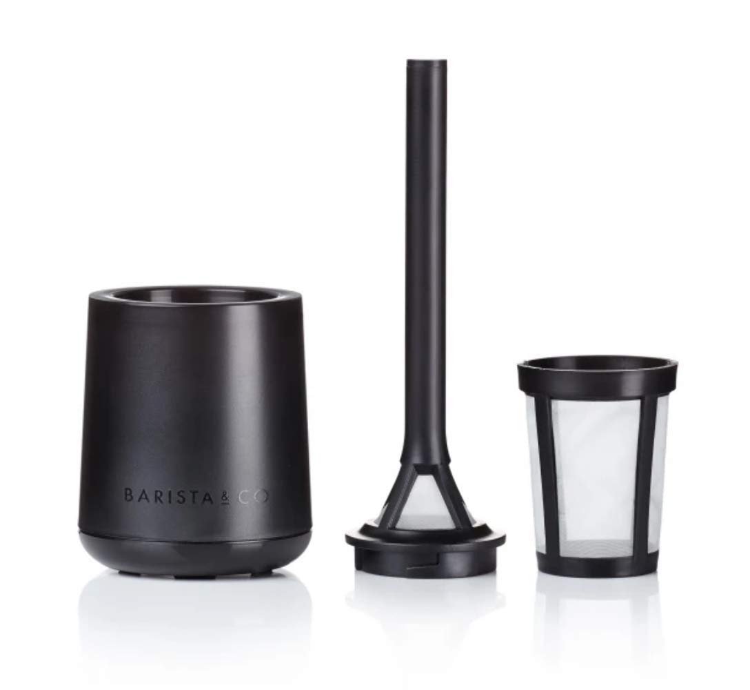 Barista&Co Brew It Stick Coffee & Tea Infuser - Plastic Reusable Coffee Strainer with Pot Holder - Black Manual Coffee and Tea Steeper with Nylon Mesh to Use a Medium to Coarse Ground Coffee