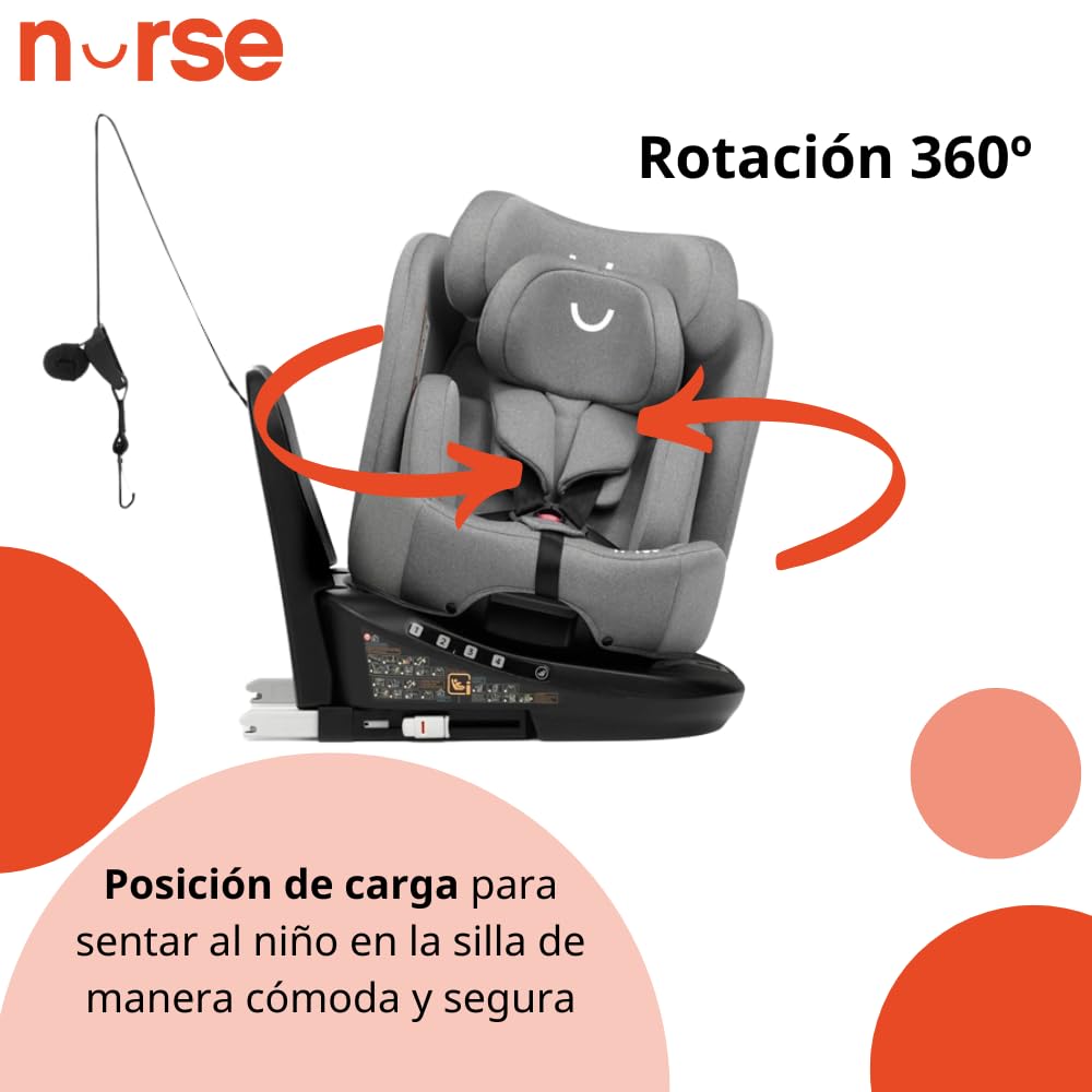 Nurse Titane Silla de Coche i-Size 40–150 cm, 360º, ISOFIX y Pata de Apoyo, A Contramarcha y Cara Marcha, Protección Lateral, Gris - 2