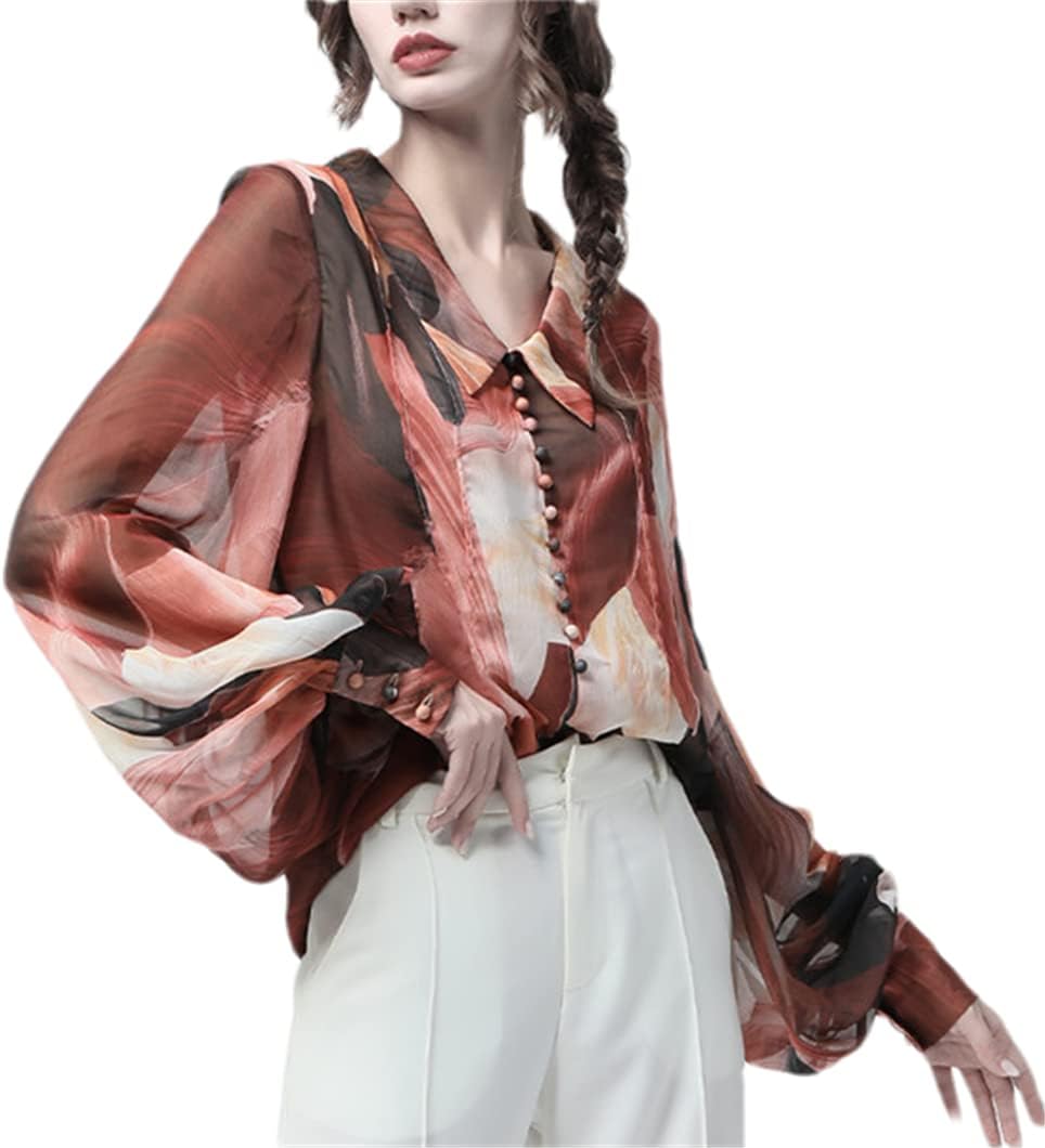 Disimlarl Women Chiffon Shirt Artistic Orange Print Top Ladies Office Street Wear Casual Shirts