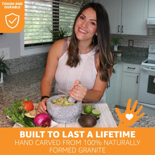 Heavy Duty Natural Granite Extra Large Mortar And Pestle Set, Hand Carved, Make Fresh Guacamole At Home, Solid Stone Grinder Bowl, Herb Crusher, Spice Grinder, 7" Wide, 4 Cup, Grey #TOP1