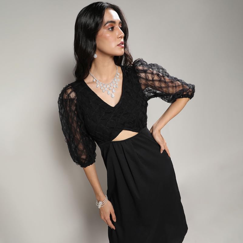 Image of PINACOLADA Women's Cut-Out Dress with Sheer Detail for Casual Wear | V Neck | Long Sleeve | Zipper Closure | Co-Ord Set Crafted with Comfort Fit for Everyday Wear