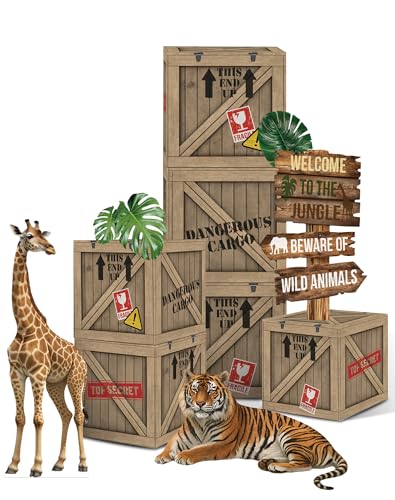 KARAQY Jungle Safari Party Decorations – 10 Inch Jungle Theme Favor Boxes with Wild Animal Cardboard Cutouts for Birthday Party, Trunk or Treat Car Decor