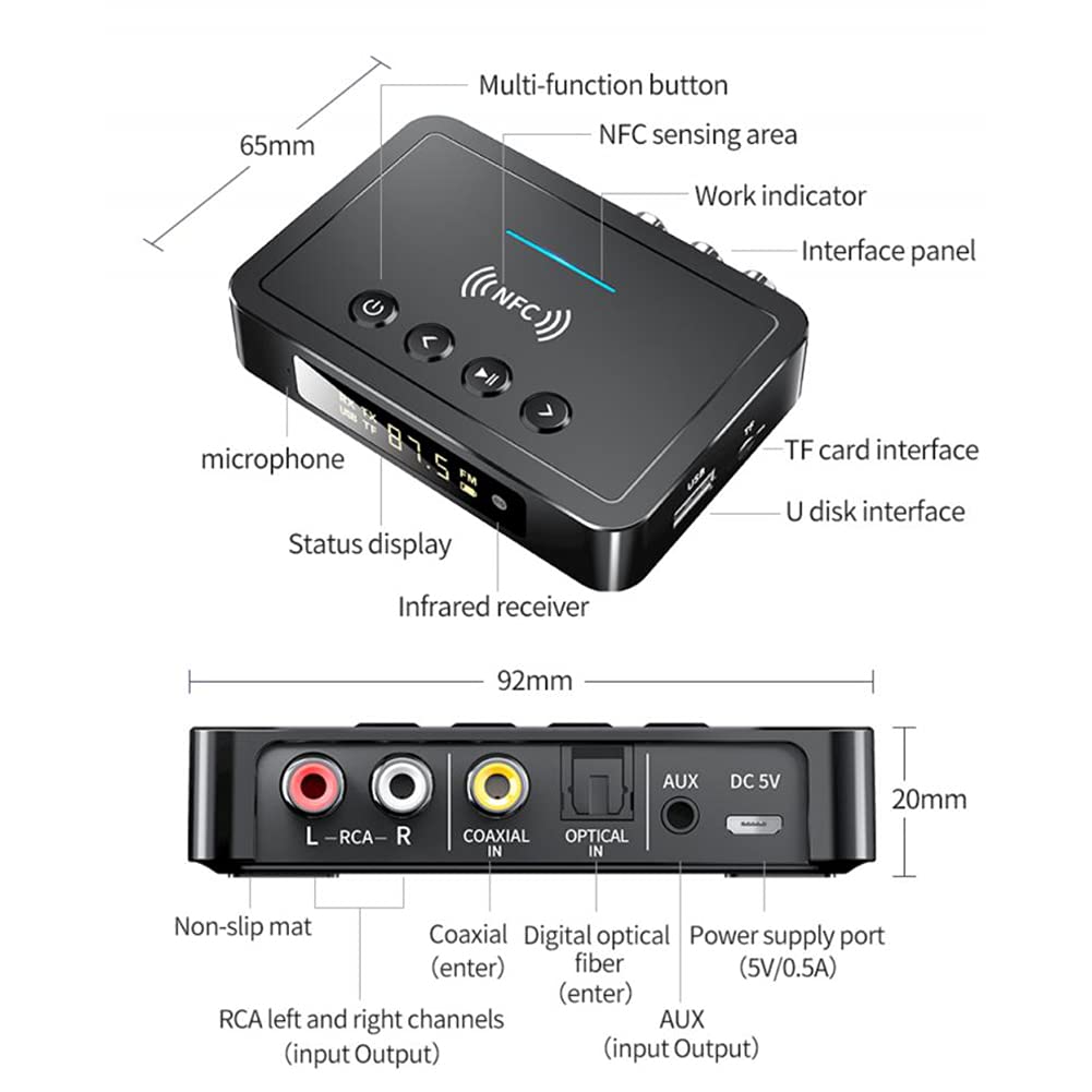 RSGK Trasmettitore Ricevitore 5.0 Compatibile Bluetooth FM Stereo AUX Jack da 3,5 Mm Chiamata Vivavoce Wireless Ottica RCA Adattatore Audio NFC TV