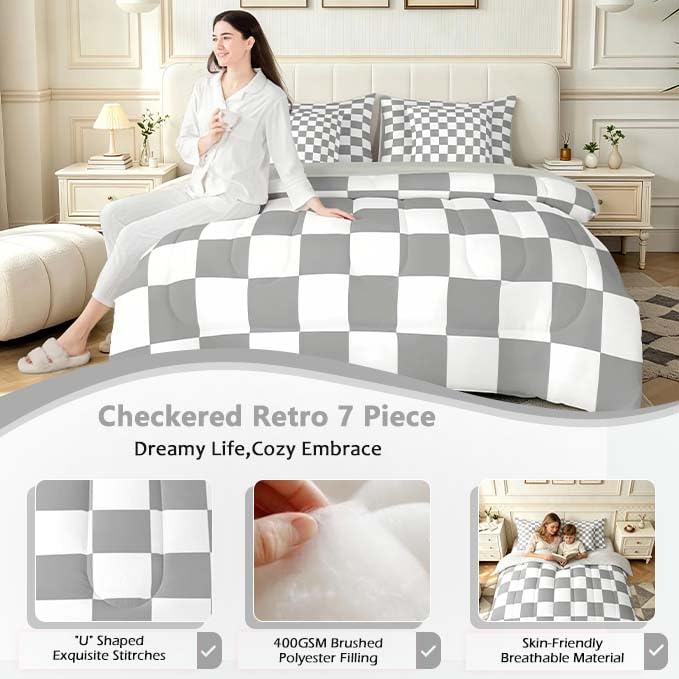 Image of Checkered Retro Comforter Set Full Size 7 Pieces Grey Plaid Bedding Set for Kids Boys Girls Geometric Vintage Bed in a Bag Modern Simple Groovy Aesthetic Bedroom Decor All Season Quilted Lightweight