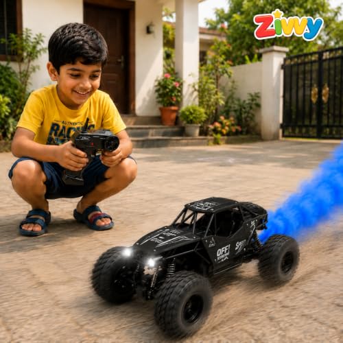 Image of Big Black Remote Control Car | Rock Crawler | LED Headlight | Rechargeable Battery with Type c Charger | 100m Range | Smoke | Toy Car for Kids & Boys 7-14 Years | Birthday Gift for Kids