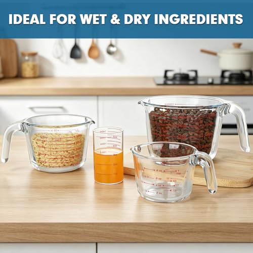 KOMUEE 4 Pack Glass Measuring Cups Set, 5 Oz, 1-Cup, 2-Cup, 4-Cup Liquid Measuring Cups with Lids for Kitchen, Freezer and Microwave Safe by KOMUEE - Image 2