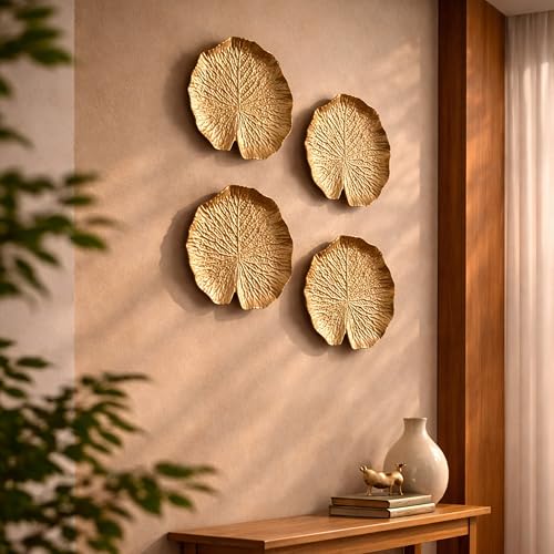 Image of Art Street Golden Lotus Leaves Tray MDF Wall Plate For Living Room, Decorative Wall Hanging Carved Decal for Home Decor (Set of 4, 7.2x7.4 Inch)