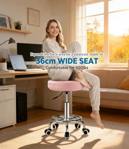 Image of Adjustable Rolling Stool with Wheels 500lb Heavy Duty Round Rolling Stool with Footrest, Patent Leather Drafting Stool Chair with Wheels Work Spa Salon Seat（Pink）