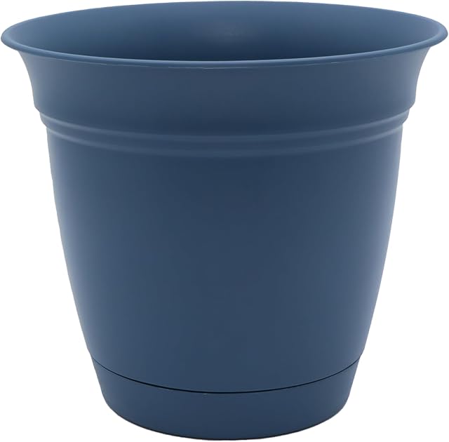 The HC Companies Eclipse Planter rond avec Saucer - Extérieur & Pot intérieur avec trous de drainage - Pots en plastique résistant aux UV pour plantes, Fleurs & Herbes (16" Bleu d'ardoise, paquet de 1)