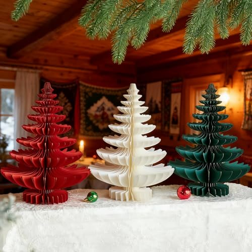 SUNBEAUTY 3 Stück Weihnachtsbaum Deko Tannenbaum 3D Papier Waben...