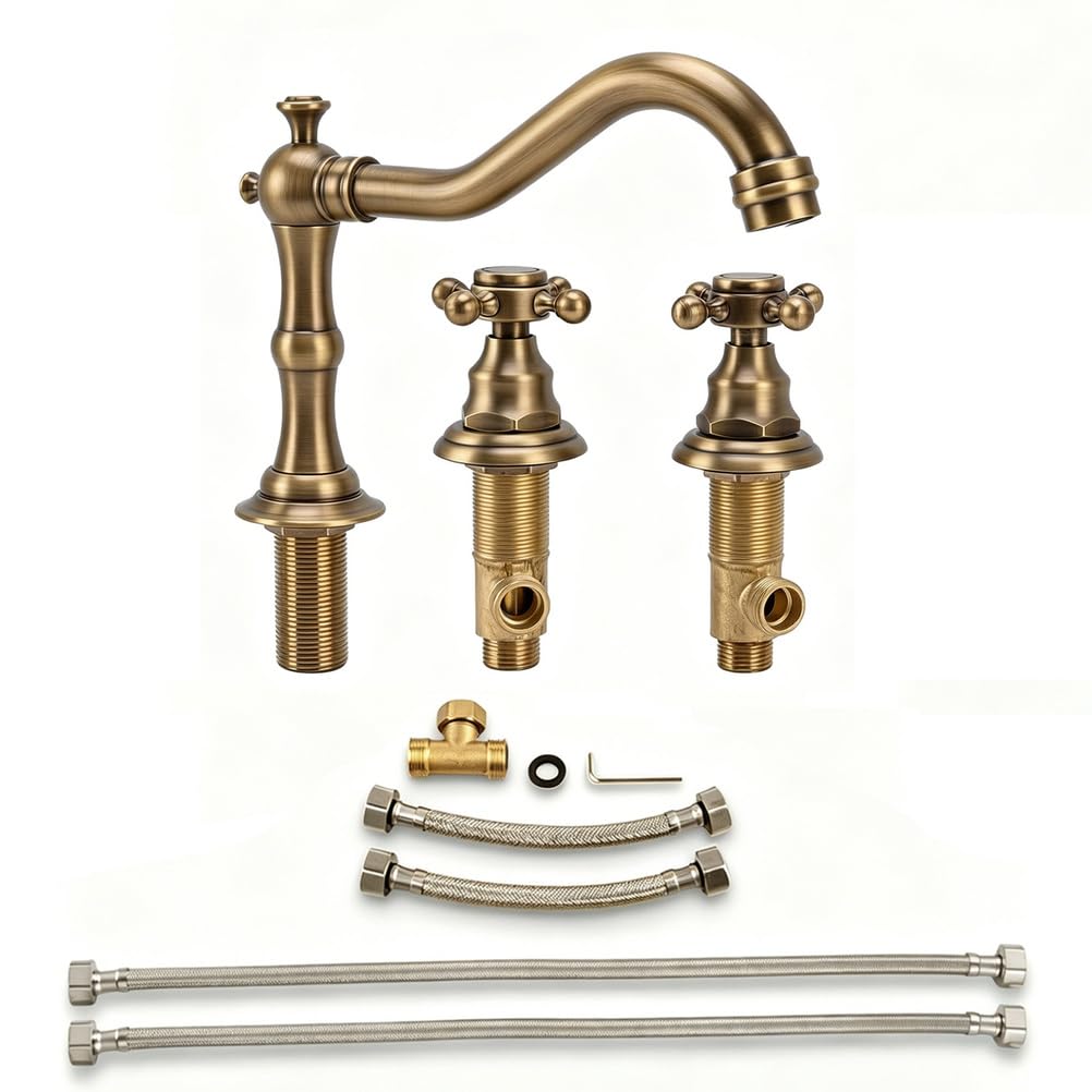Yjmgrowing Antique Brass Bathroom Faucet Widespread 3-Hole, 2-Handle Vintage Basin Mixer Tap with Hot/Cold Mixer Tap, Easy Install, for Traditional Style Vanity Sinks