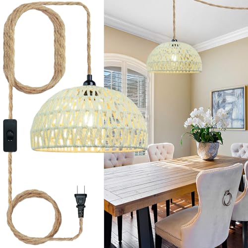 kolnlala 1PC Bohemian Farmhouse Rattan Chandelier, Hand-Woven Wicker Ceiling Light with Switch, DIY Hanging Pendant Lamp for Kitchen Island Dining Room Bedroom Living Room Foyer (White)