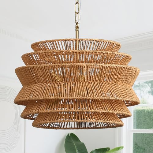 Ovyiech 6-Light Boho Rattan Chandelier, 17.7 inch Hand Woven Farmhouse Hanging Light Fixture, Rustic...