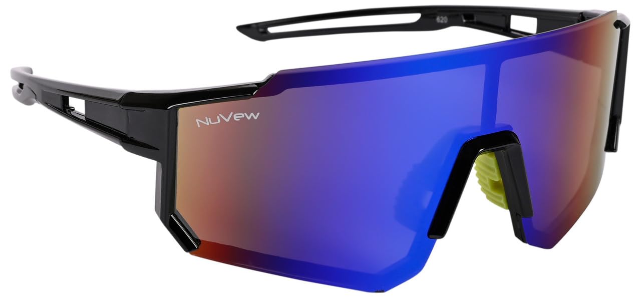 NuVew Mirrored Rim-Less Sports/Wrap-Around Sunglasses for Men and Women [Blue-Purple Lenses | Black Frame | Large | NW YL491]