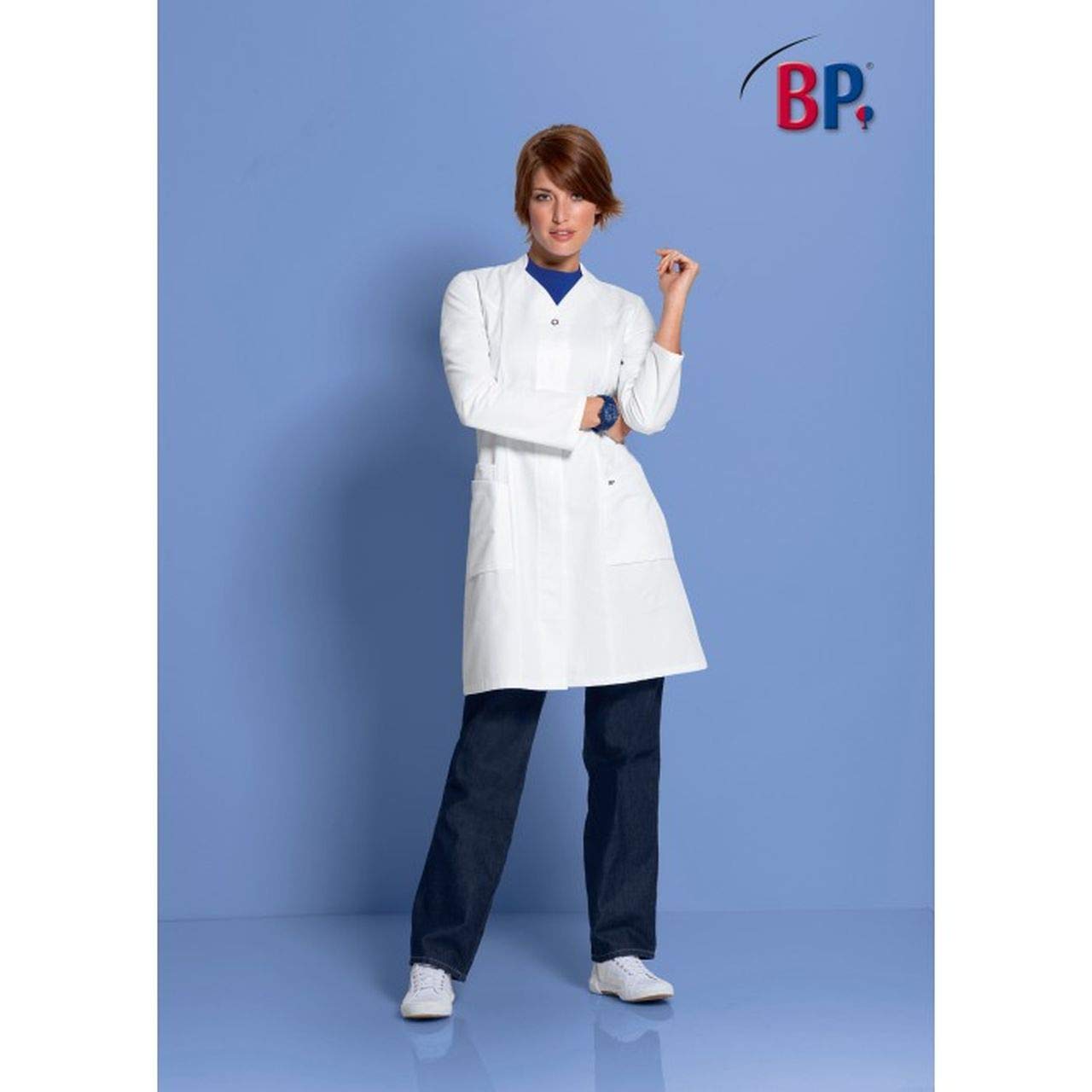 BP - Bata para mujer (algodón, largo hasta la rodilla), diseño clásico, color blanco
