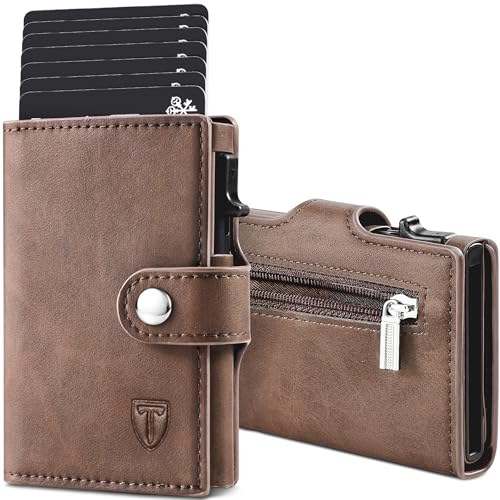 TENBST Cartera Tarjetero con Bloqueo RFID, Automática Pop Up Cartera de Cuero, 8 Ranuras para Tarjetas, Tarjetero Hombre para Crédito, Billetes y Monedas con Caja de Regalo (Marrón)