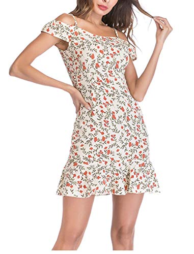 Nhmpretty Womens Summer Floral Cold Shoulder Ruffles Chiffon Mini Dresses (Apricot, S)