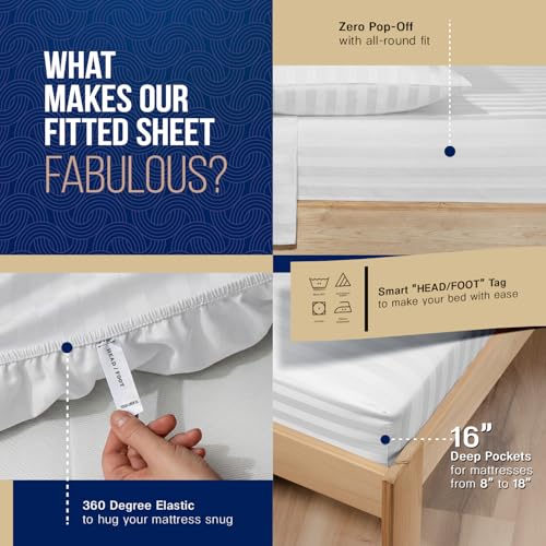 Image of TEXAS LINEN CO. 100% Egyptian Cotton Sheets Queen Size - Luxury 1000 Series Lonestar Lovin' Damask Bed Sheets Queen Size Set (4 PC, White Stripe), Cooling, 16 inch Deep Pocket, Sateen Weave Hotel Sheets