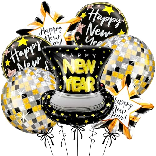 7pcs Happy New Year Balloons, 22 Inch Disco Ball Balloons, Black And Gold Foil Mylar Balloon For New Years Eve Party Supplies 2026