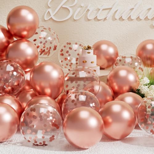 Image of SUWEN Metallic Rose Gold and Confetti Balloon Set 47PCS Latex Helium Chrome | Rose Gold Balloon for Birthday Wedding Anniversary Party Decorations
