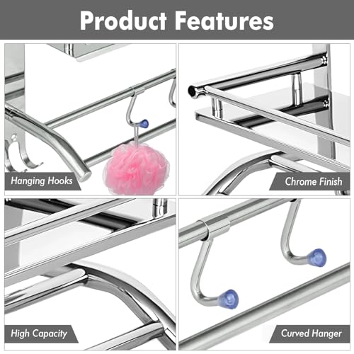 Image of Pivalo 2 in 1 304 Grade Stainless Steel Bathroom Shelf with Hook Hanger Multipurpose Home Accessories Organizer Set Corner Wall Mount Rack for Towel Soap & Toothbrush (Pack of 1, Silver, 1001)