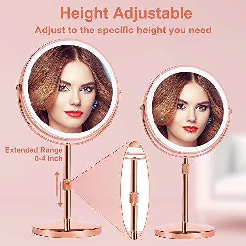 Makeup Mirror With 3 Color Lights, Height Adjustable,10X Rechargeable Magnifying Mirror With Light,Light Up Mirror With Magnification,Led Cosmetic Vanity Mirror With Touch Control (Rose Gold) #TOP2