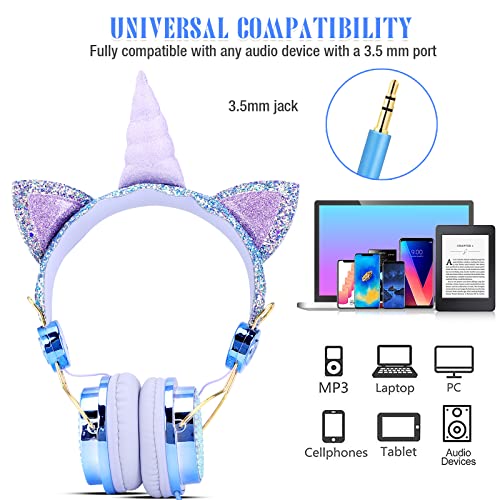 Image of Unicorn Kids Headphones for Girls Children Teens, Wired Headphones w /Microphone 3.5mm Jack, Over On Ear Headset for School Birthday Xmas Unicorn Gift (Fairy Blue)