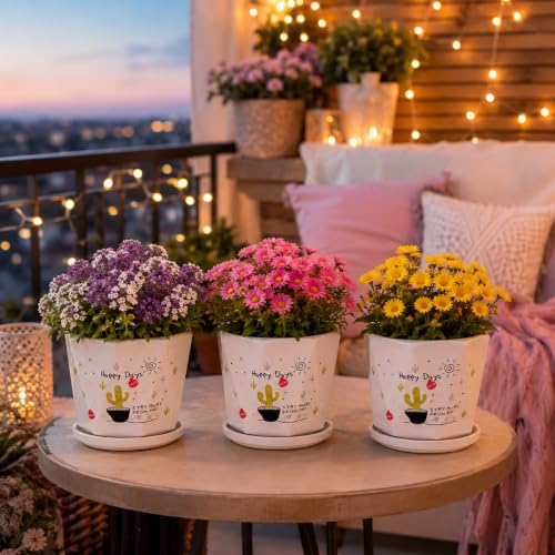 Image of Xtore Playful Printed Ceramic Planter Set of 3 with Drainage Trays | Decorative Indoor Flower Pots for Home, Office Desk & Balcony Styling (White Multicolor- Planter only)