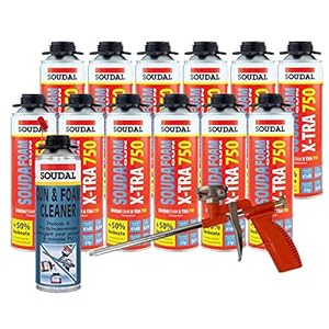 Soudal Combi set 12 x Soudafoam B2 X-TRA750 500 ml pistoolschuim vullen bouwverbindingsvoegen incl. reiniger + schuimpistool Compact- gebruiksklaar, geluid- en warmte-isolerend