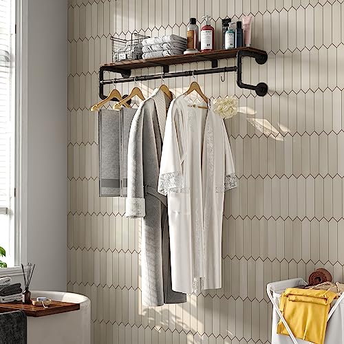 Crehomfy Industrial Pipe Clothes Rack With Top Shelf And 3 Hooks, 41''L Wall Mounted Garment Rack, Heavy Duty Iron Garment Bar, Clothes Hanging Rod Bar, 4 Base Max Load 135Lb Black #TOP3