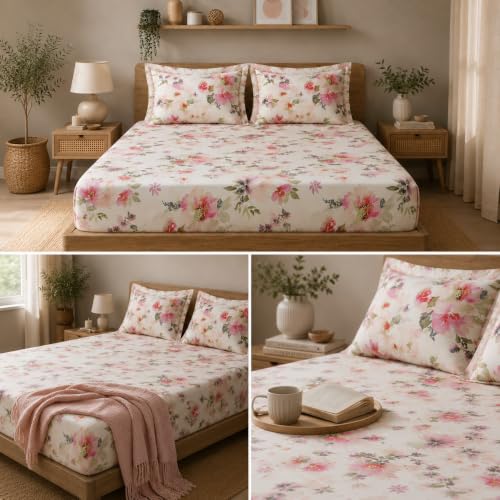 Image of Linen Home Cotton Percale Fitted Bedsheet Set King Size Floral Pink