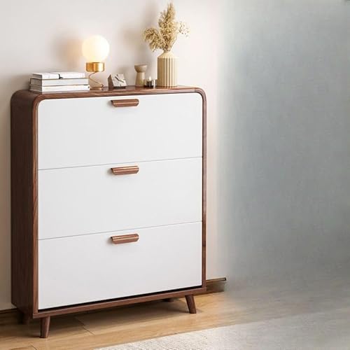 3つのフリップ引き出し付きシューズキャビネット、木製ティッピングバケツシューズラックオーガナイザー、壁取り付け式ナローシューズラック、玄関、廊下、寝室用、内側1段 (ウォールナット、長さ31.5インチ x 幅6.5インチ x 高さ47インチ) (ウォールナ