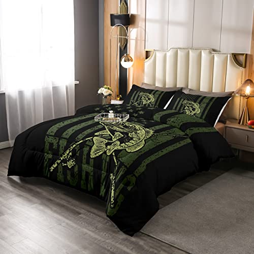 Camo American Flag Comforter Set Trout Hunting Bedding Sets Fishing Rod Camouflage Down Comforter For Kids Boys Men Room Decor Army Military Camo Duvet Sets With 2 Pillow Cases Full Size #TOP1