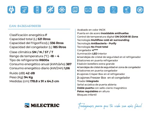 MILECTRIC-AMR-529A-Frigorifico-Combi-Americano-Inox-521-litros-No-Frost-Control-temperatura-en-la-puerta-Antibacteria-Puerta-antihuellas