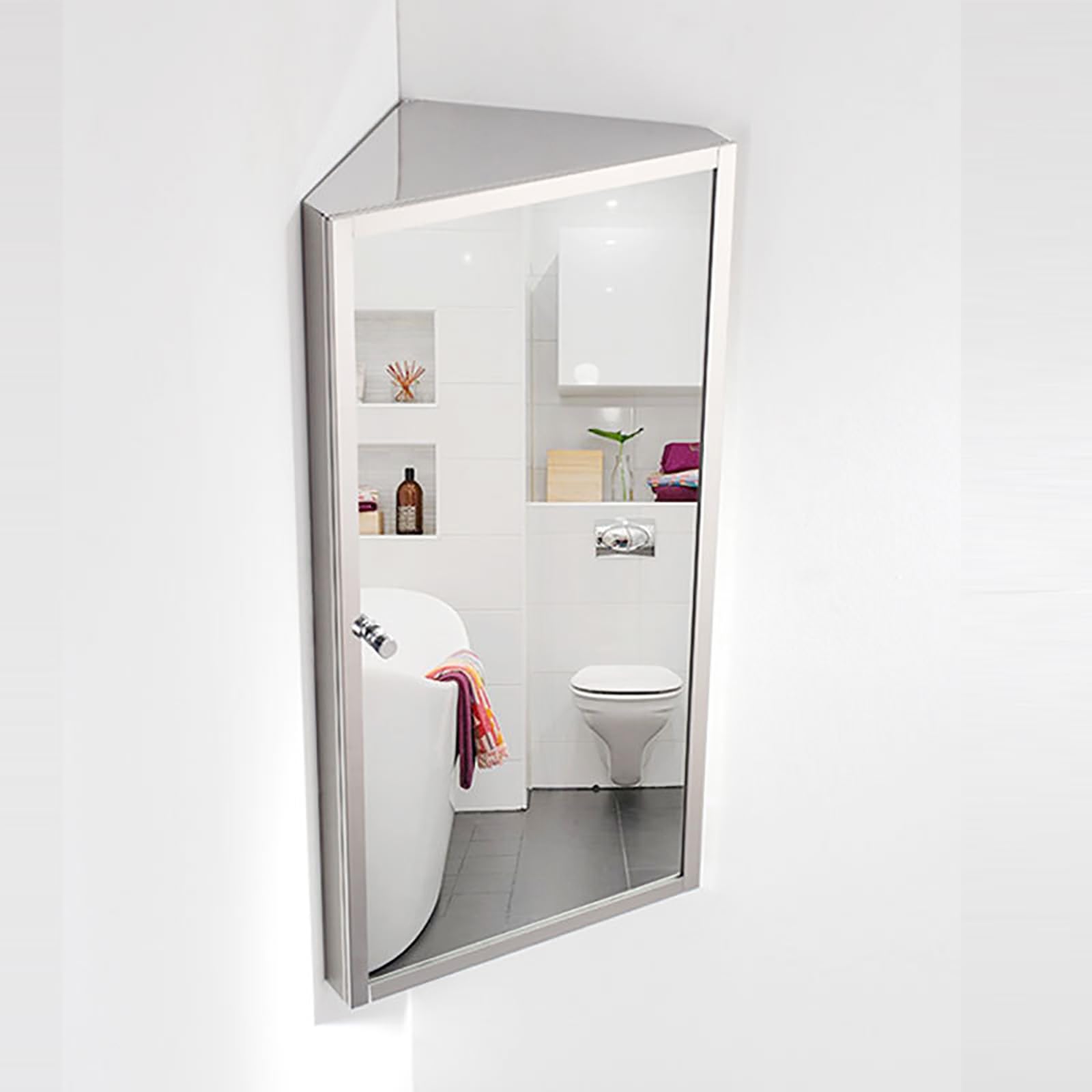 Generisch Moderno armadio a specchio triangolare da bagno in acciaio inox con tre ripiani, armadietto sospeso in finitura lucida/spazzolata (spazzolato, aperto a sinistra)