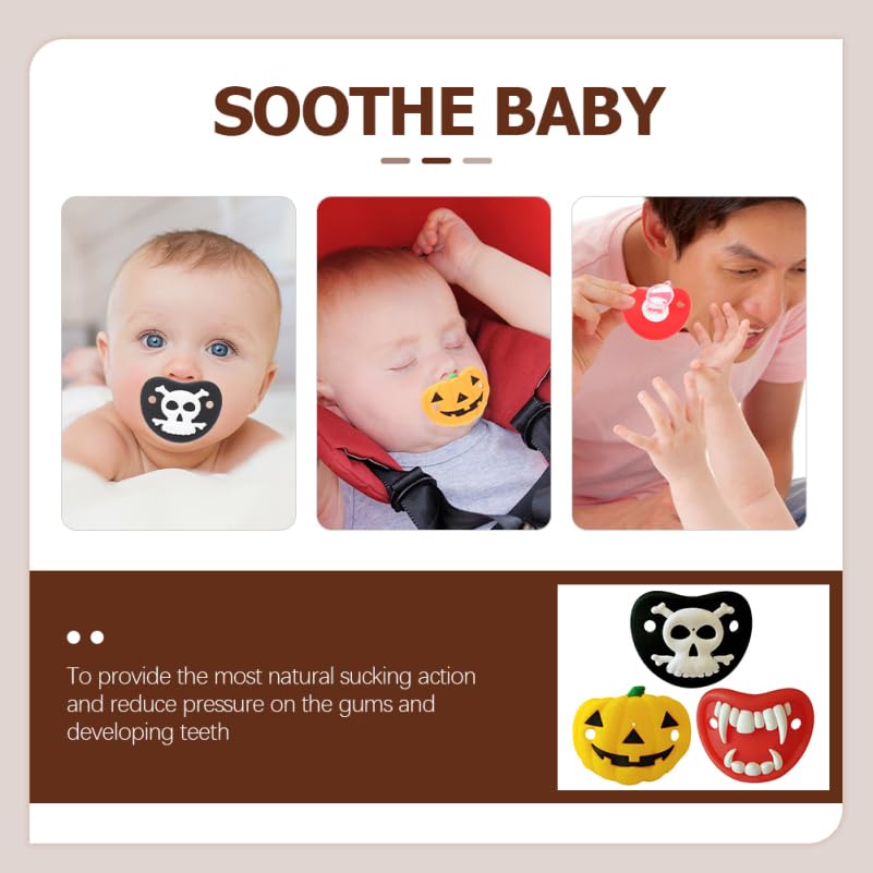 FRCOLOR 3-Pack Halloween Baby Pacifiers, Soft Silicone Pumpkin & Skull Soothers for Newborns, Funny Teething Relief Toy & Baby Shower Favors for Boys & Girls