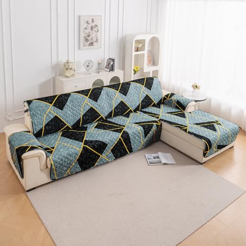 Image of HOKIPO 'Elira Series' Printed Quilted One-Piece L Shape 5 Seater (3+2) Sofa Cover with Right Chaise | Anti-Slip Design, Multicolor Abstract Geometry (AR-6229-C10)