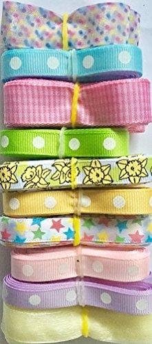 BEEKLEY BOWS Narrow Printed Value Ribbon Pack Assortments, Polyester Grosgrain, Sheer, and Satin (Pastel Spring Easter Assortment)