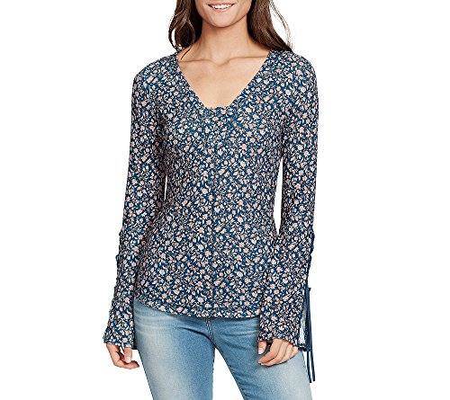 Gloria Vanderbilt Women's Wilder Grace Drama Sleeve Henley Top, Space Blue Idyll Wild Print, X Small