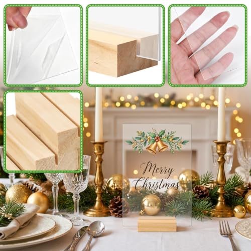 Image of Bercoor 10 Pack 4x6 Inch Blank Clear Acrylic Sign with Wooden Stands, Rectangle Top Acrylic Sheet, DIY Acrylic Rectangle Table Numbers for DIY Name Card Gifts Event Party Sign Decoration