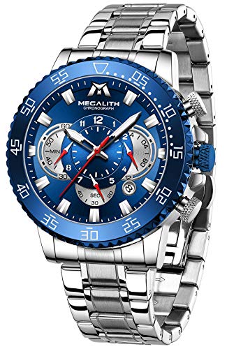 MEGALITH Relojes Hombre 45mm Moda Reloj Cronografo Cuarzo para Hombre, Relojes Acero Hombre Impermeable 3ATM Fecha Luminosa Relojes de Pulsera Plateado, Regalo Hombr