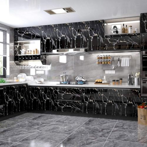 Image of Black and Gold Marble with Gold Lines Self Adhesive Peel and Stick Wallpaper for Walls, Kitchen Tabletop, Almirah, Furniture, Office, etc (16x48 Inch) (Black and Gold)
