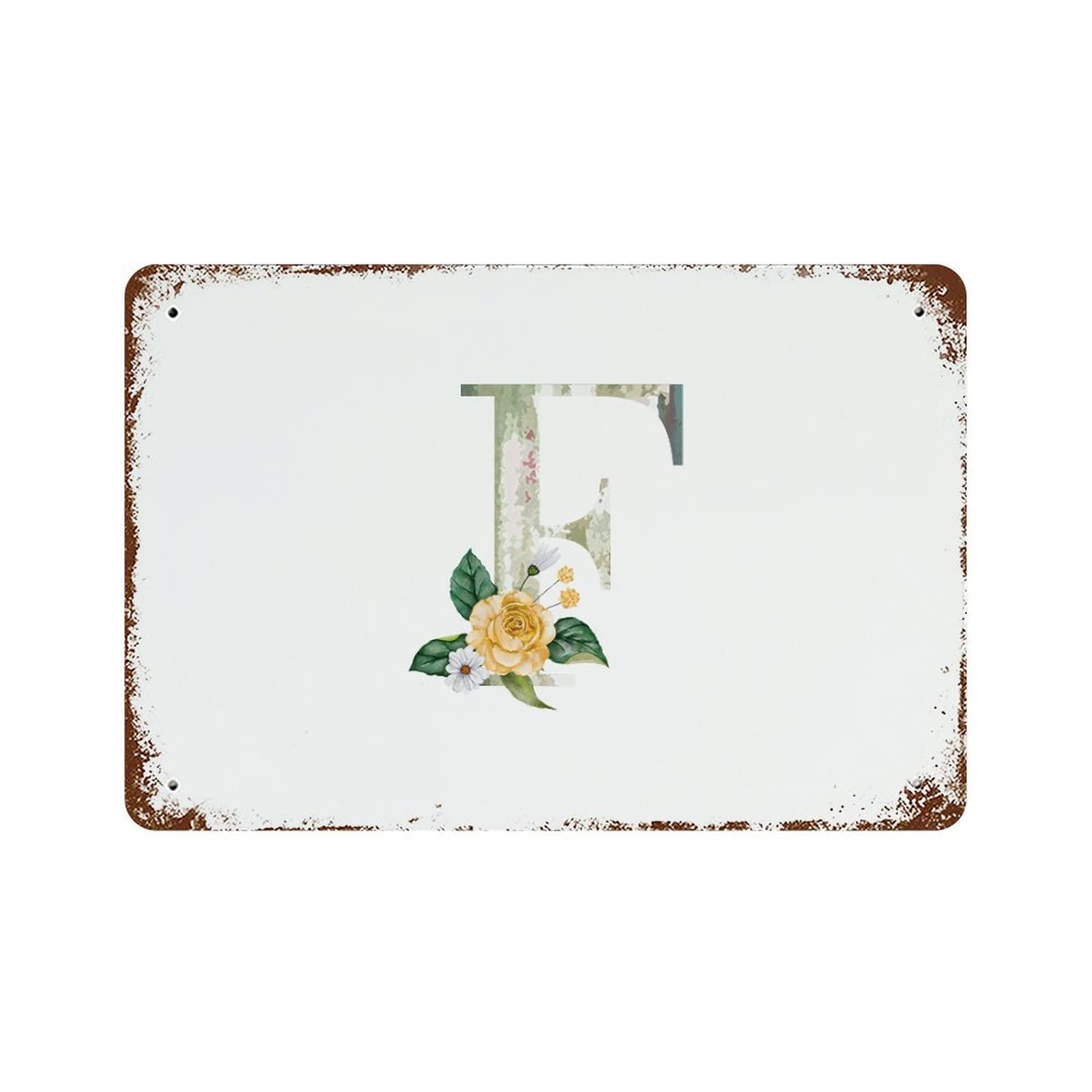 Lettre F vintage rétro monogramme floral jaune panneau de signalisation garage déco 30x45 cm