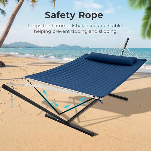 Image of SUPERJARE 12ft Double Hammock with Stand, Rope Hammock for 2 Person, Detachable Hammock Bed and Pillow, Portable, Anti-Tip Safety Ropes, Carry Bag, Outdoor Backyard Patio Camping, Navy Blue