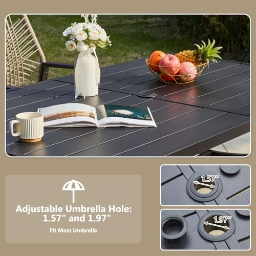 MELLCOM 7 Pcs Outdoor Dining Set, 6 Swivel Rattan Chairs with Thick Cushions & Dining Table with Umbrella Hole, Patio Furniture Set for Porch, Garden, Backyard, Poolside, Deck, Beige - Thumbnail 7